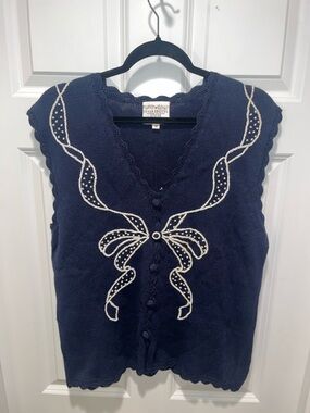 Susan Bristol Navy Pearls Bow Sweater Vest VINTAGE hand embroidered RARE scallop
